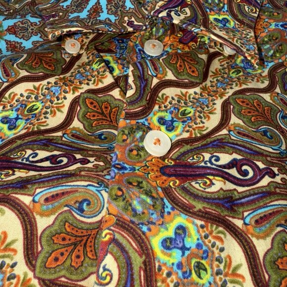 Alan Flusser Mens M Brown Paisley Long Sleeve Button Down Dress Shirt - Picture 4 of 6
